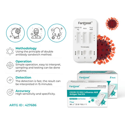 Fanttest 4 in 1 Covid/RSV/Influenza A&B Rapid Antigen Test Rats Nasal - (5 Pack)