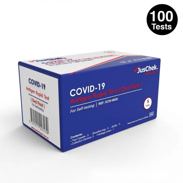 High Sensitivity JusChek Rapid Antigen Saliva Test RATs (Oral/Saliva) – 100 Pack